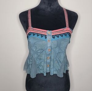 Free People Boho Bandana Adjustable Straps Buttoned Cropped Tank XS FP
